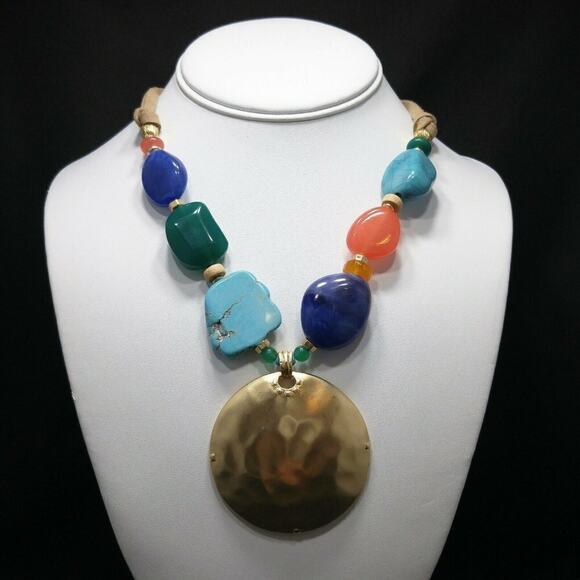 Chico’s Multicolor Beaded Necklace Gold Pendant Suede Cord NWT Statement - Picture 12 of 16